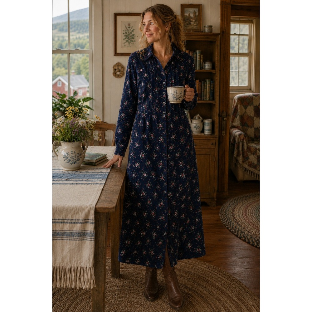 The Vermont Country Store Floral Corduroy Shirt Dress Long Sleeve Blue Small